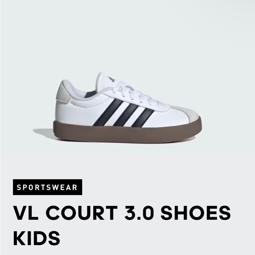 adidas Kids VL Court 3.0 White with Black Stripes and Brown Sole
